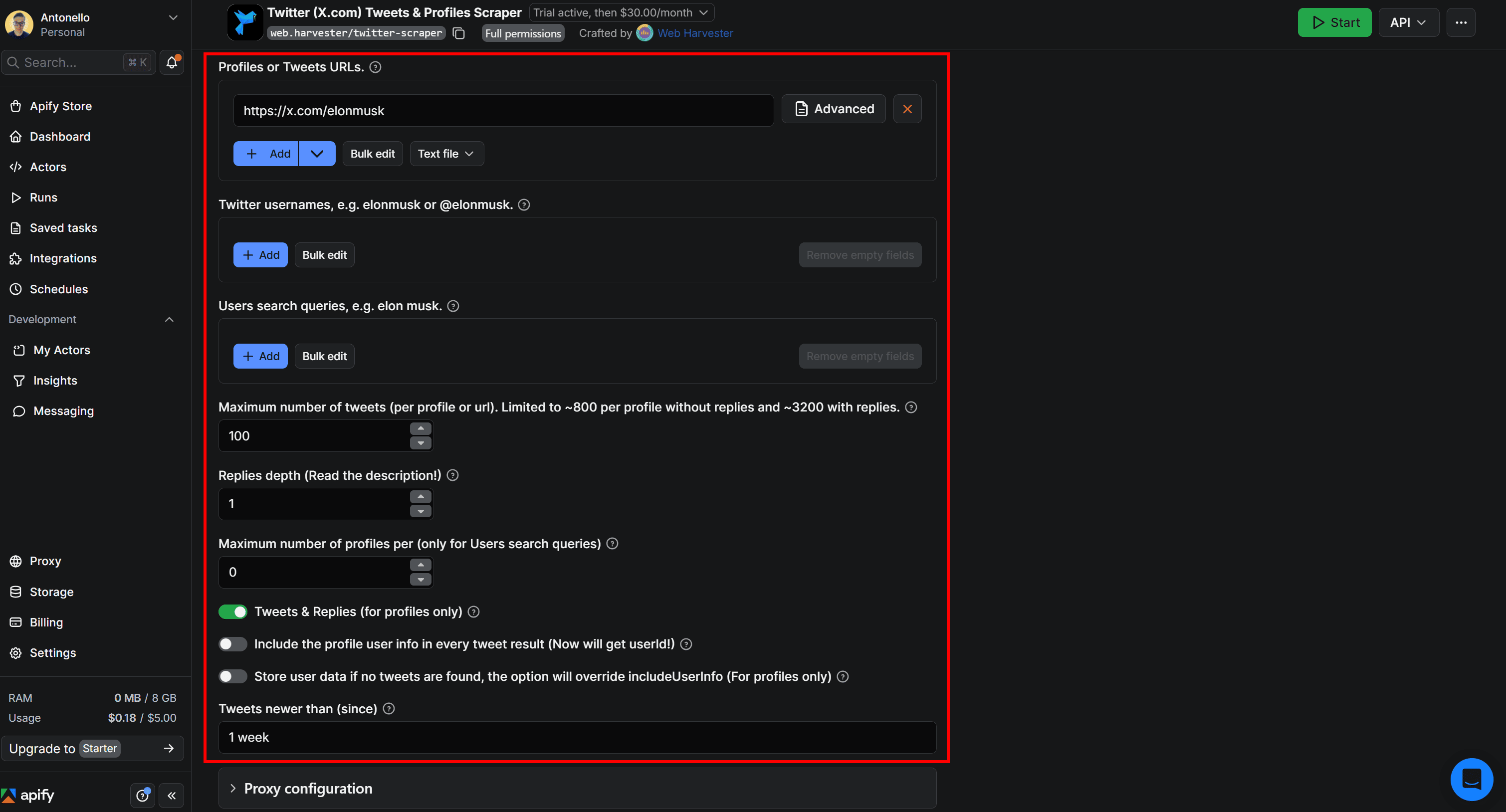 Configuring the inputs for the Twitter (X.com) Tweets & Profiles Scraper in Apify Console