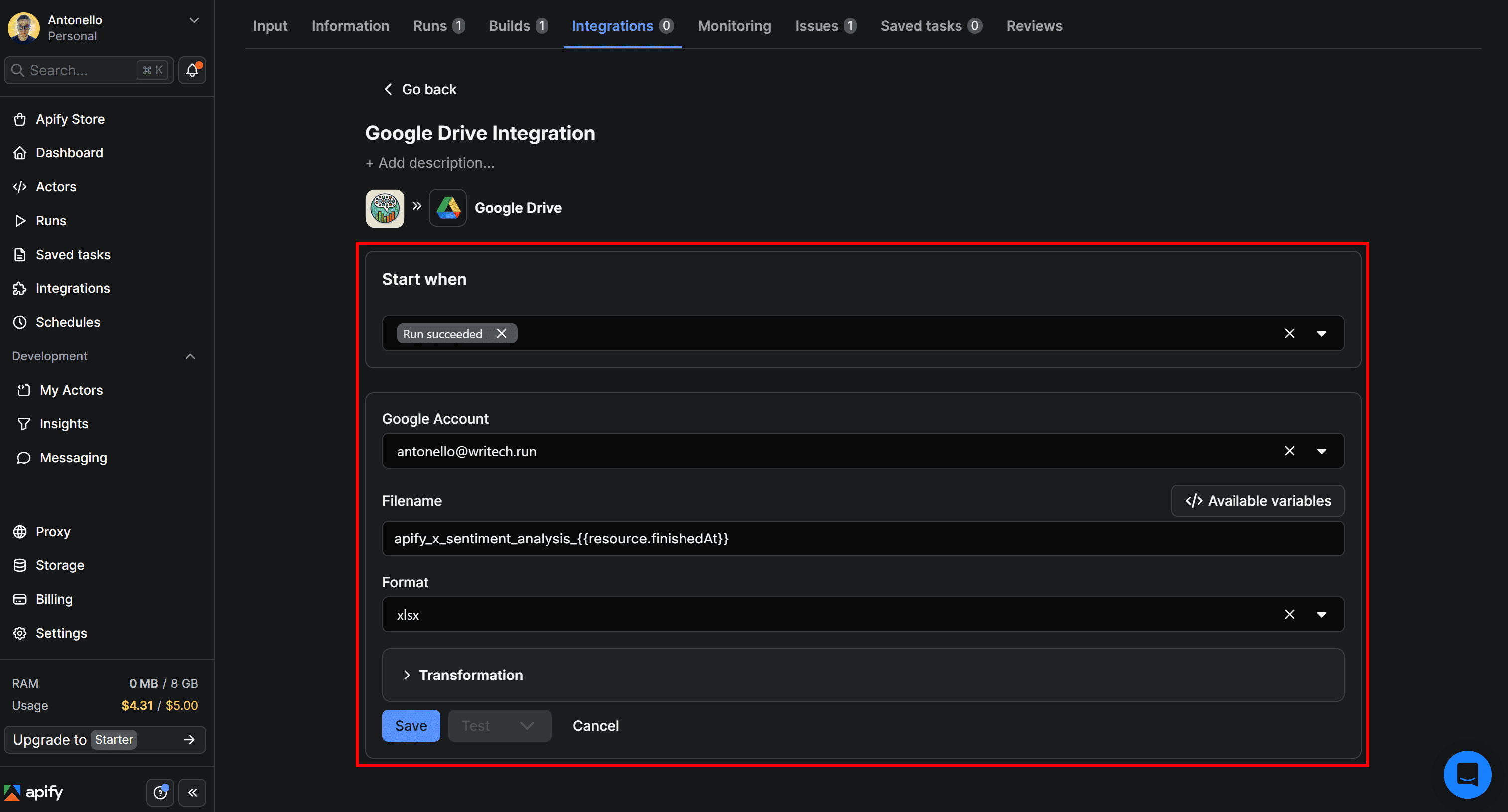 Filling out the form to complete the integration