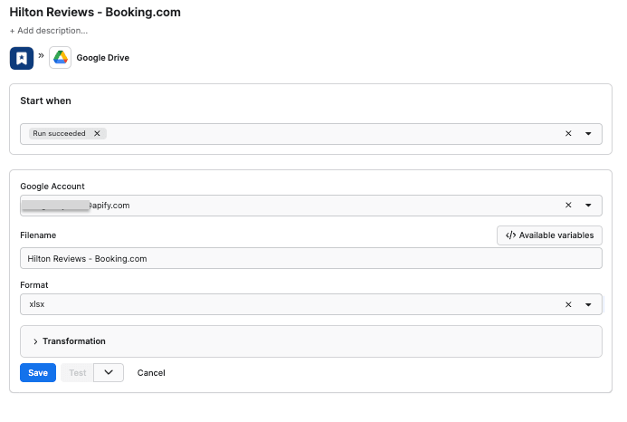 Integration configuration - Booking Reviews Scraper 