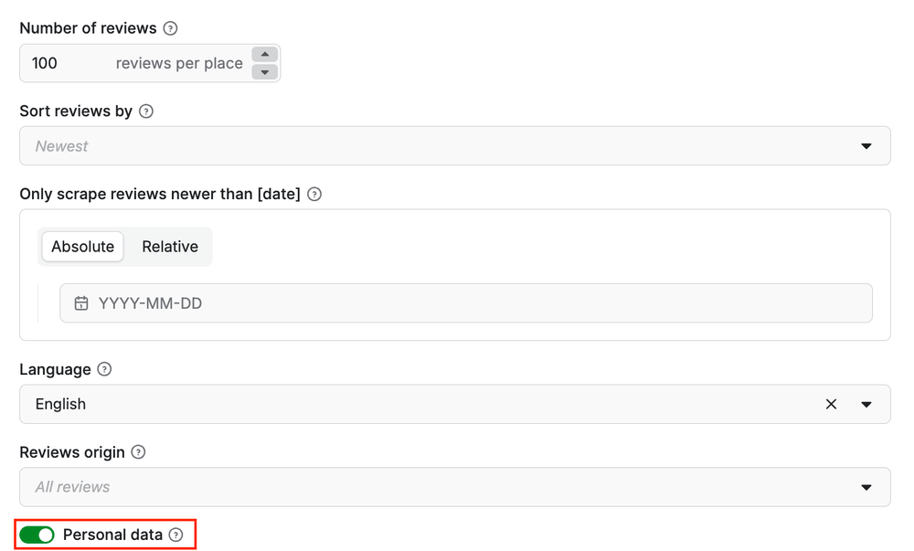 Google Maps Reviews Scraper - personal data toggle