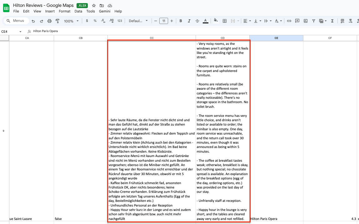 Google Sheets - scraped data in various languages 
