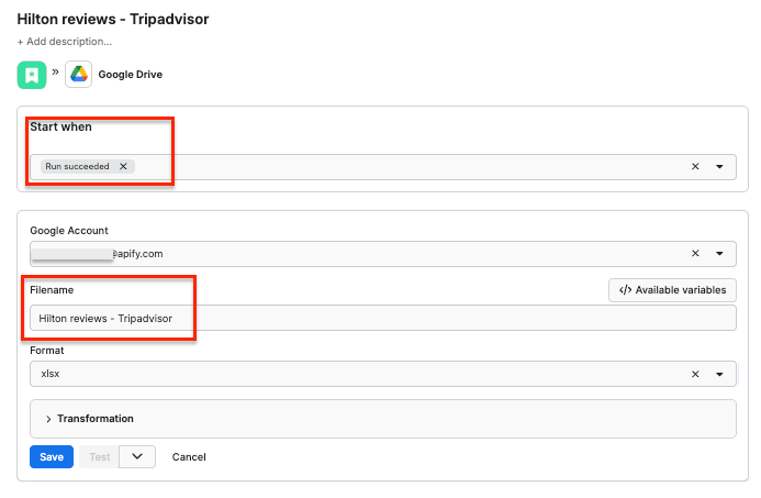 Integration configuration - trigger, name and file format 