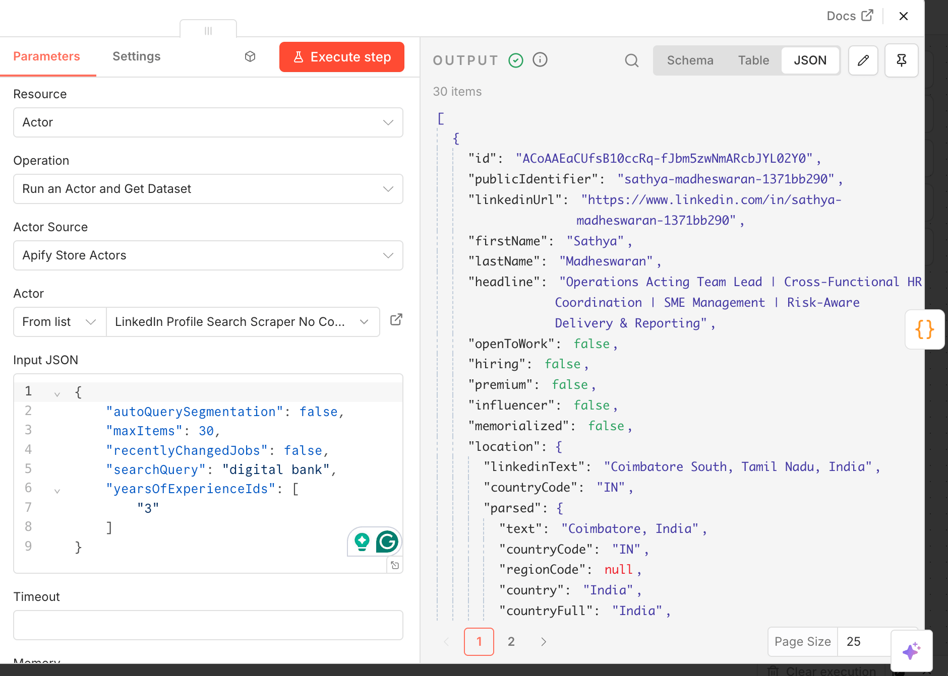LinkedIn Profile Search Scraper results