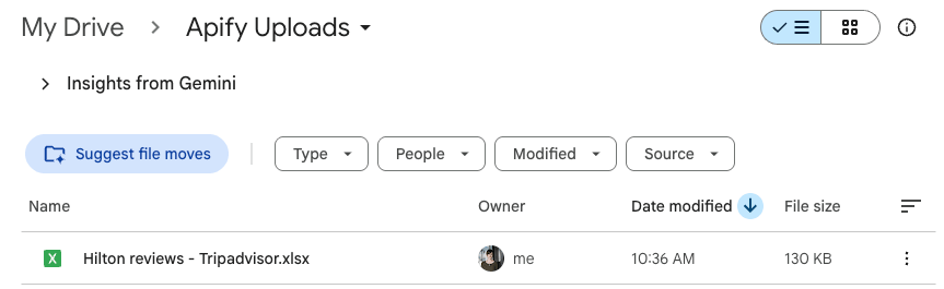 New file in Google Drive with scraped data