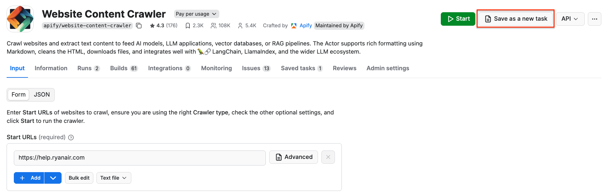 Save as a new task button