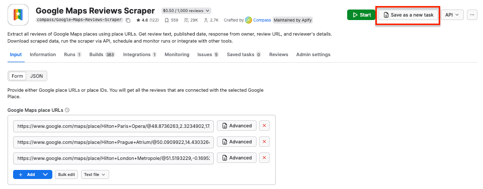 Saving Actor configuration as a new task 