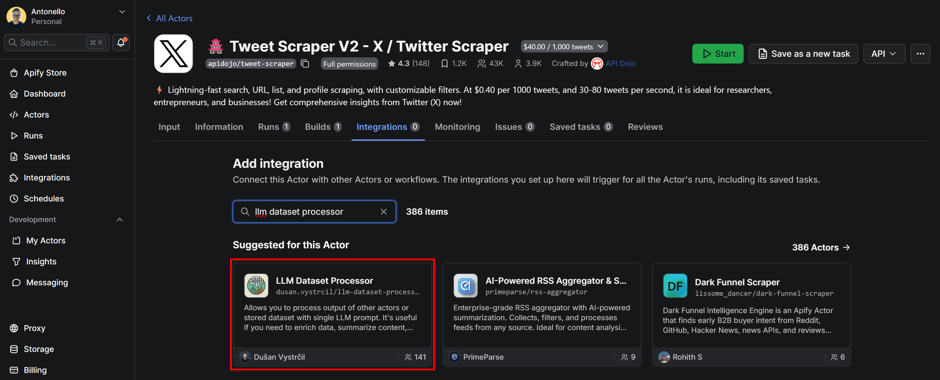 Selecting the “LLM Dataset Processor” Actor integration