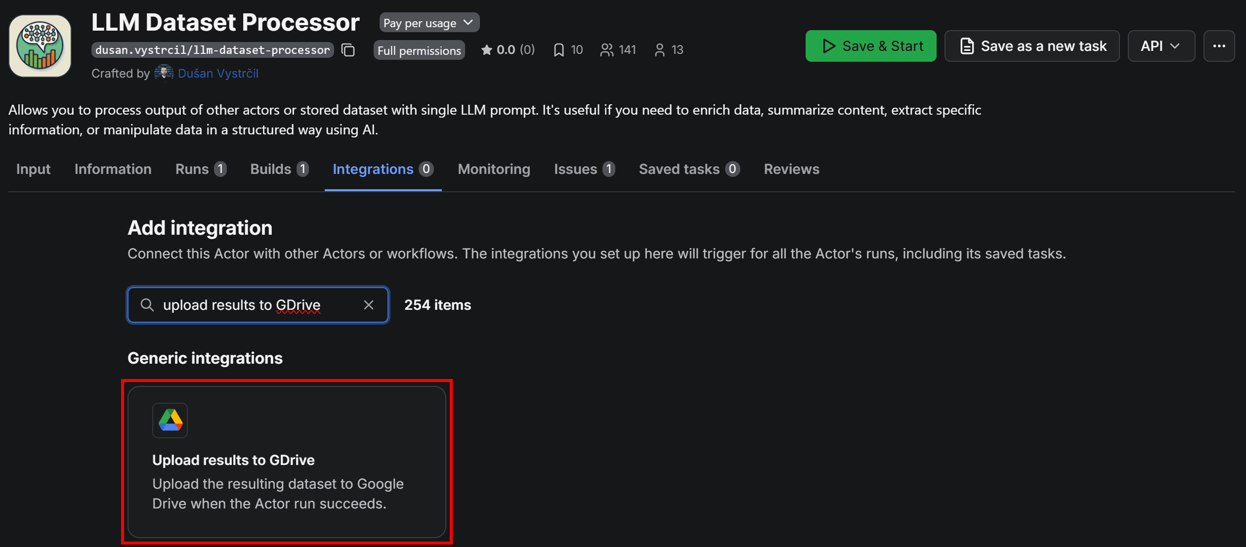 Selecting the “Upload results to GDrive” option