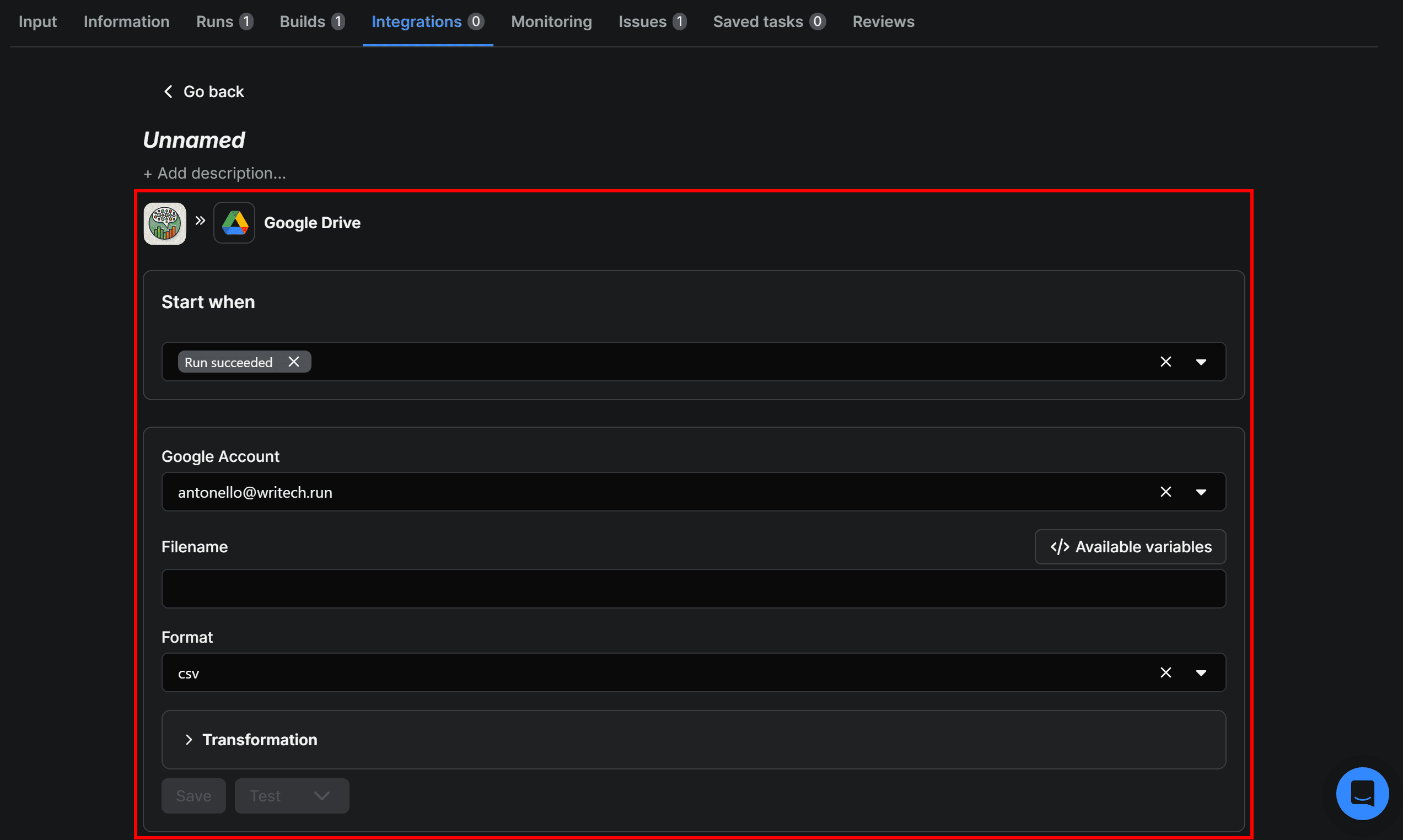 The Upload results to GDrive integration form