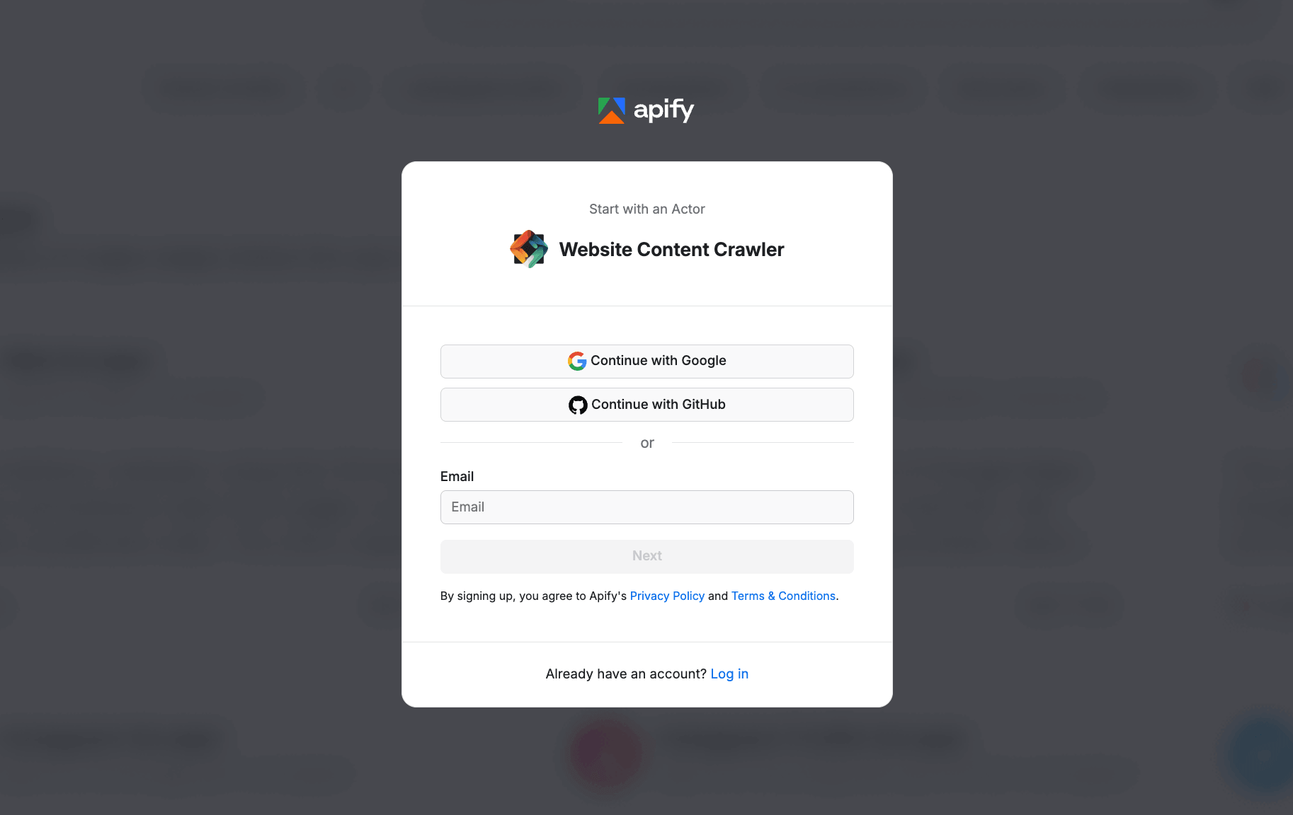 Web Content Crawler - signing up with third party apps 