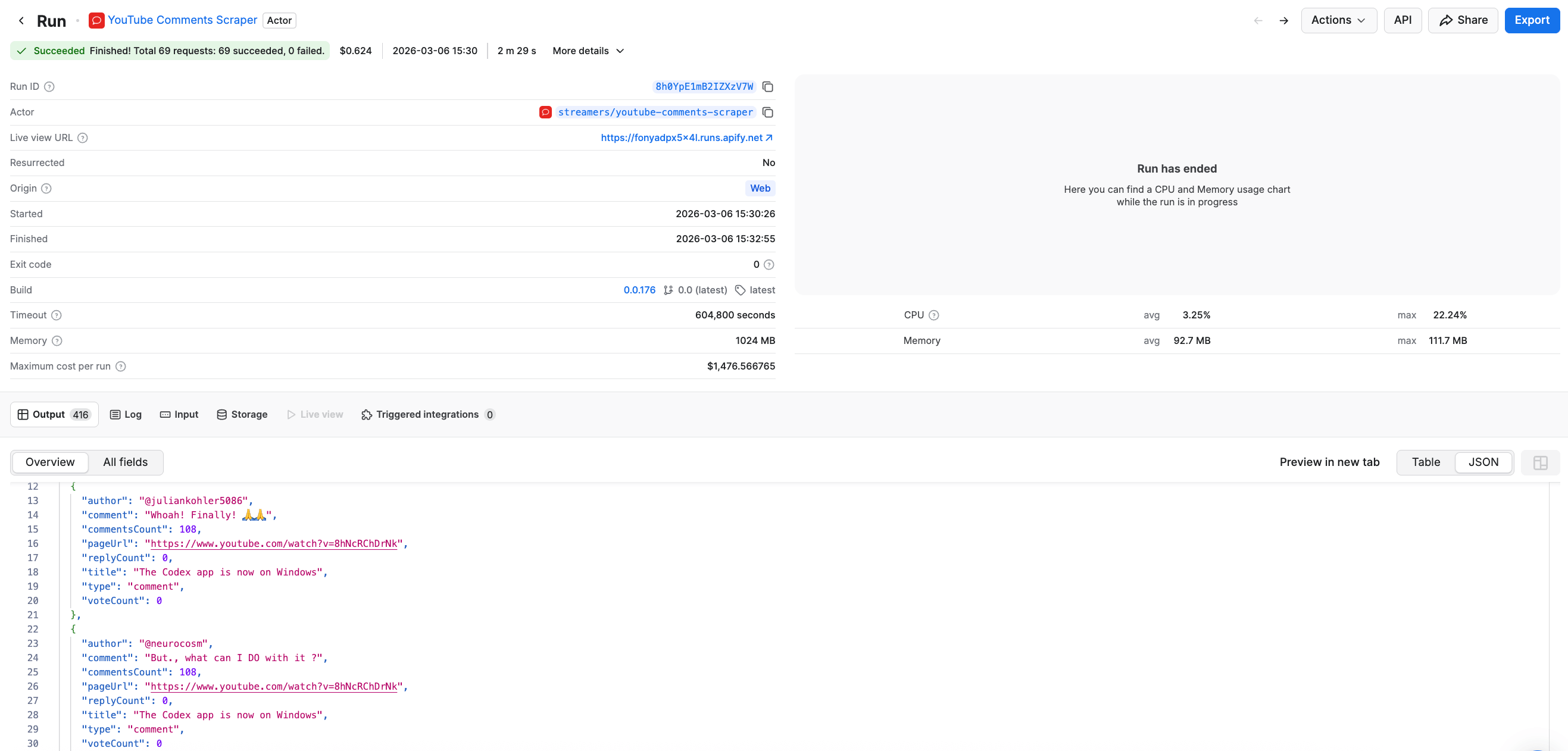 Results preview in JSON
