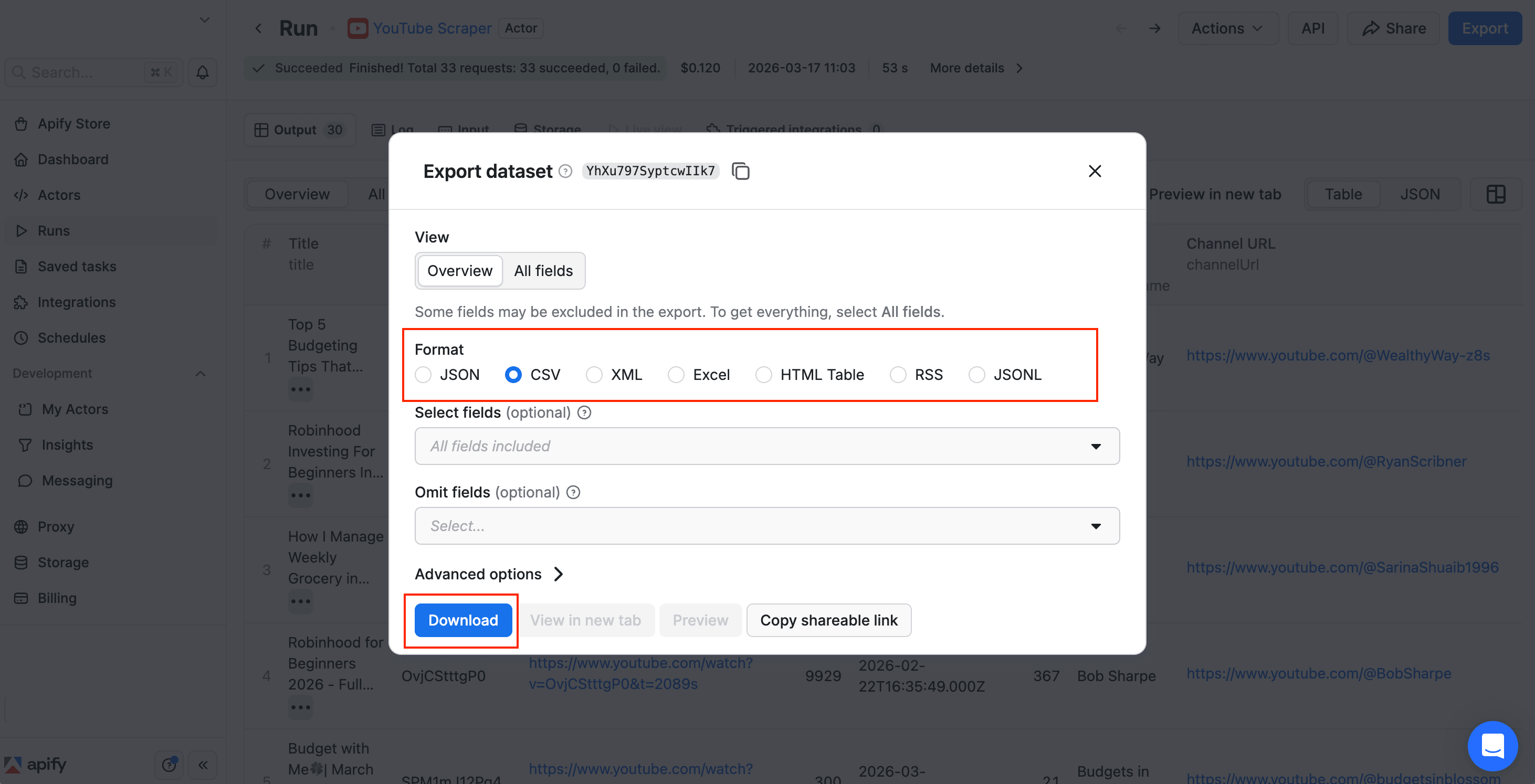 Export dataset dialog with format options - JSON, CSV, XML, Excel, HTML Table, RSS, JSONL - and Download button