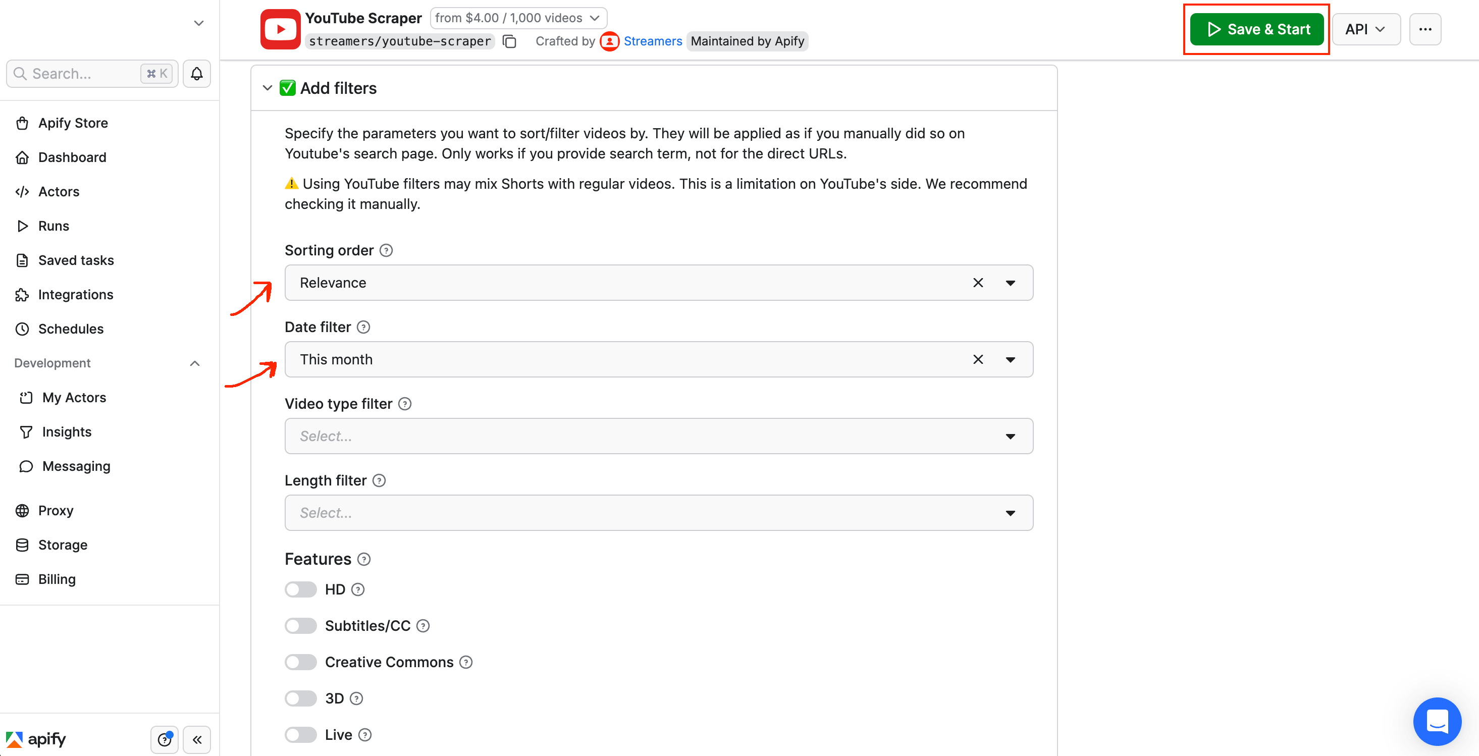 Filters section with Sorting order set to Relevance and Date filter set to This month