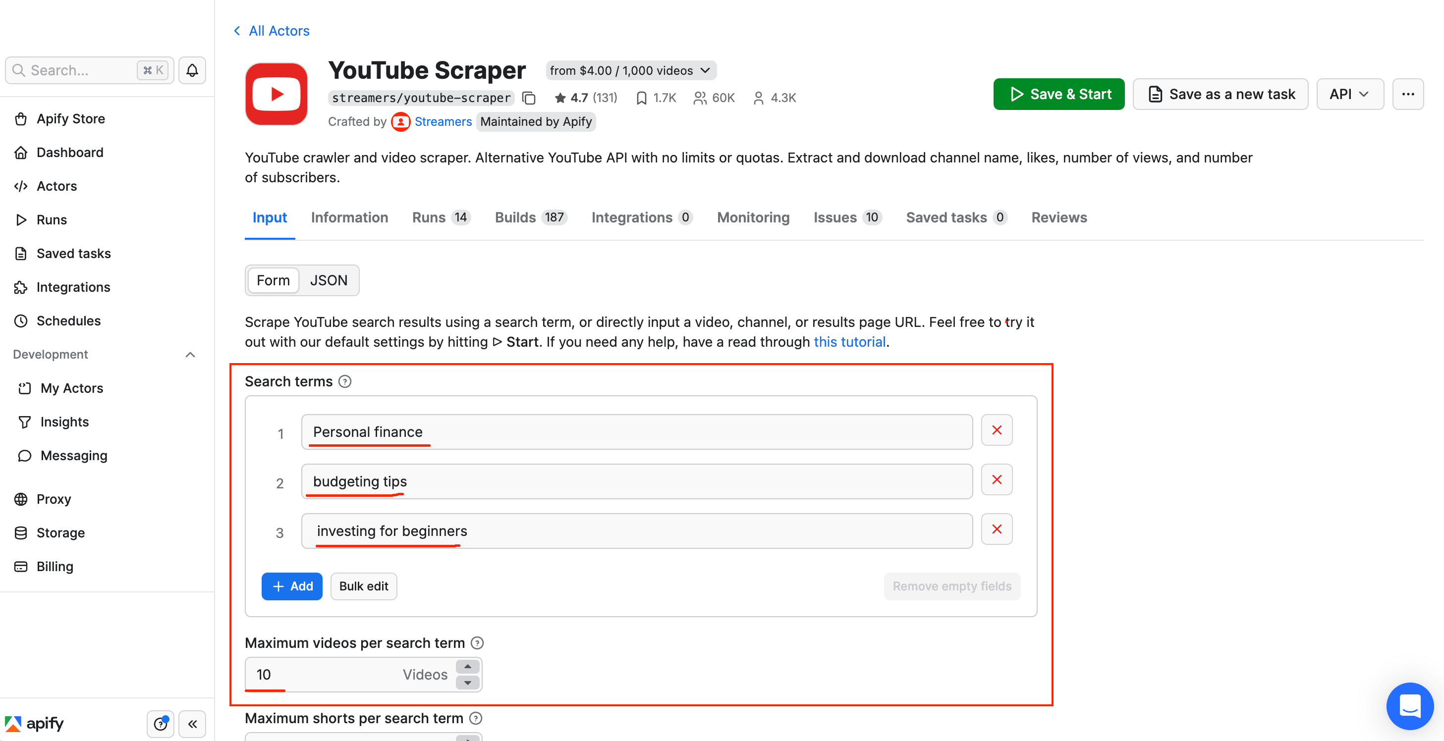 YouTube Scraper input form with search terms "Personal finance", "budgeting tips", and "investing for beginners", maximum videos set to 10