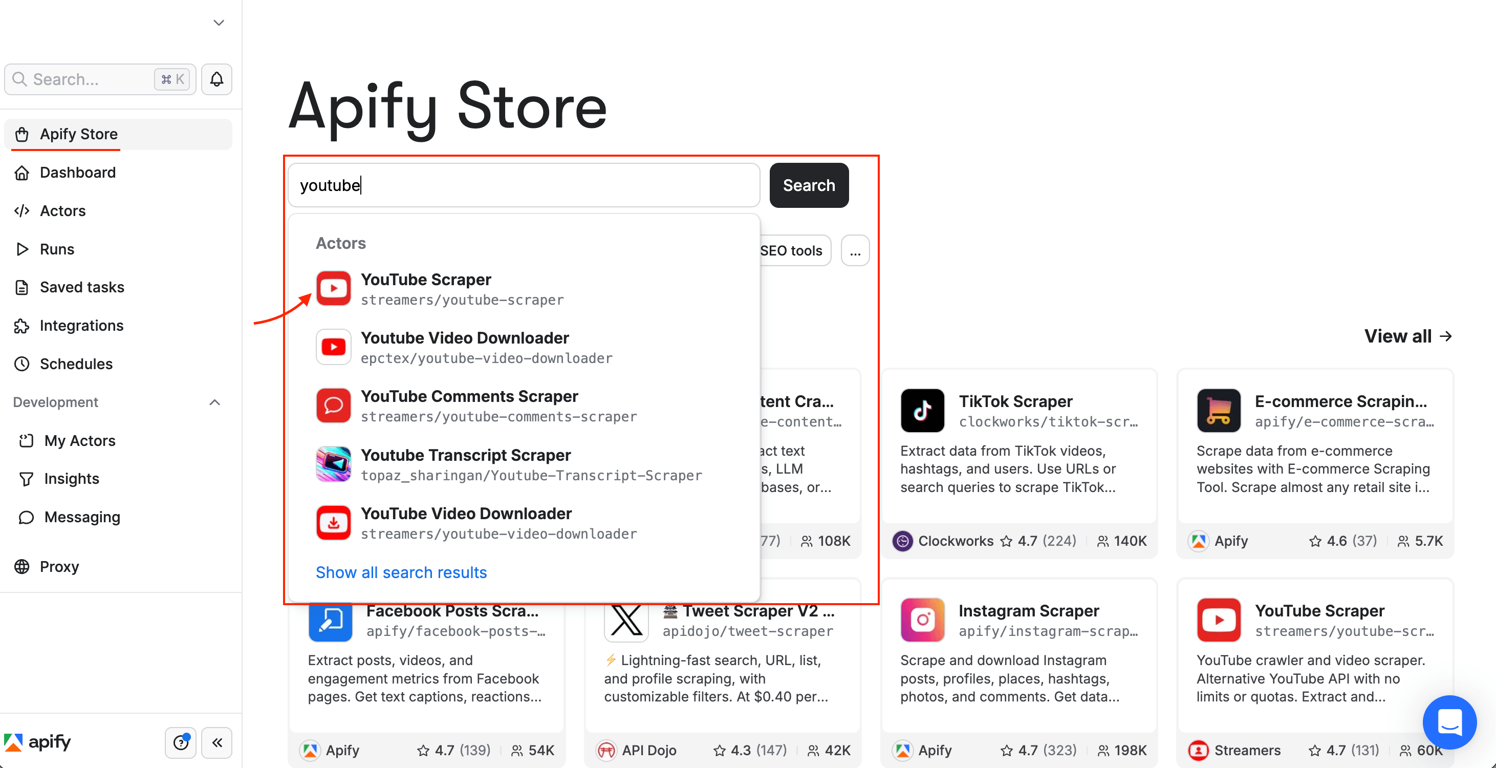 Searching for YouTube Scraper in Apify Store - the scraper appears as the first result
