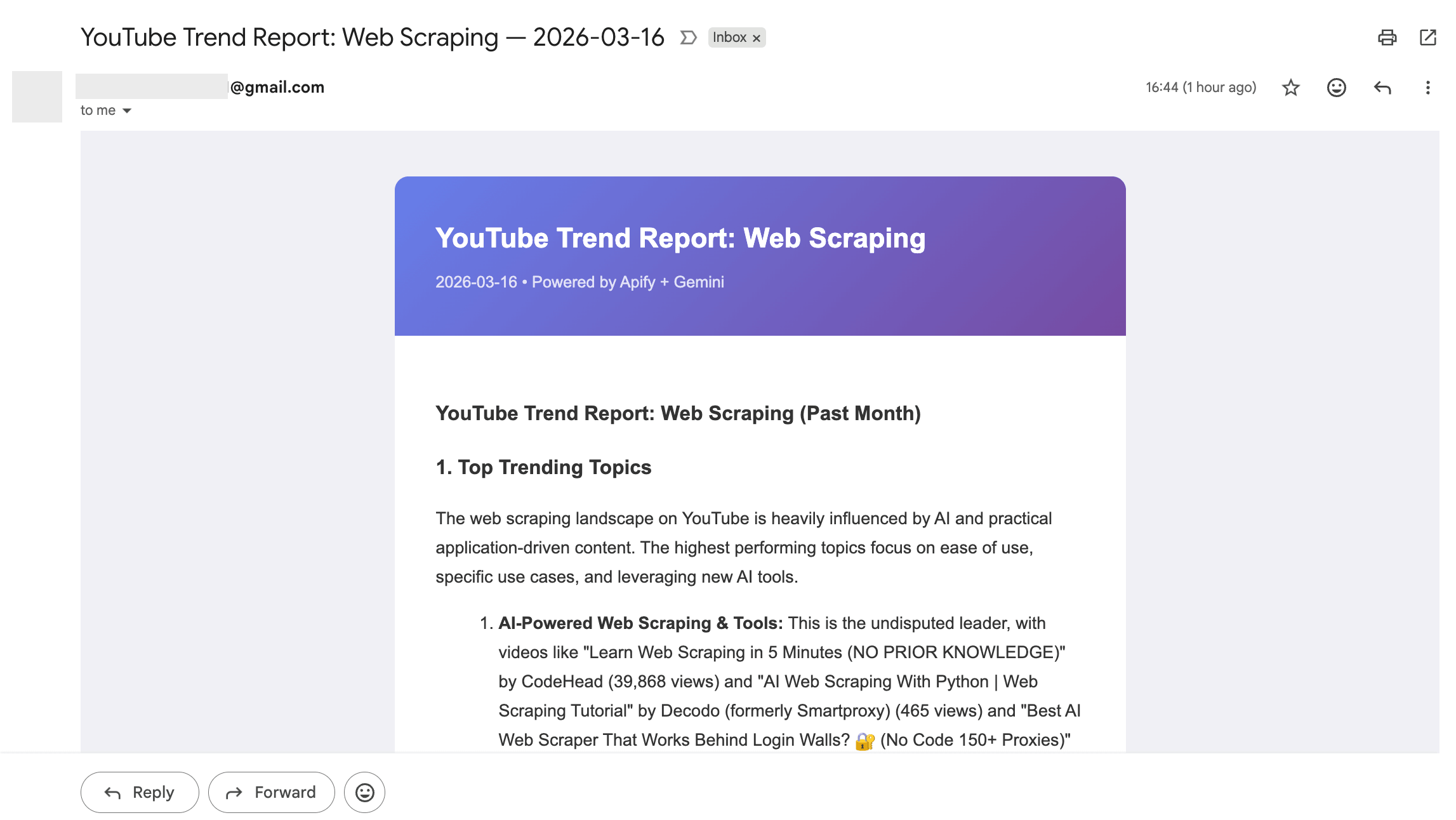 Gmail inbox showing the automated trend report email with styled header "YouTube Trend Report: Web Scraping" and AI analysis content