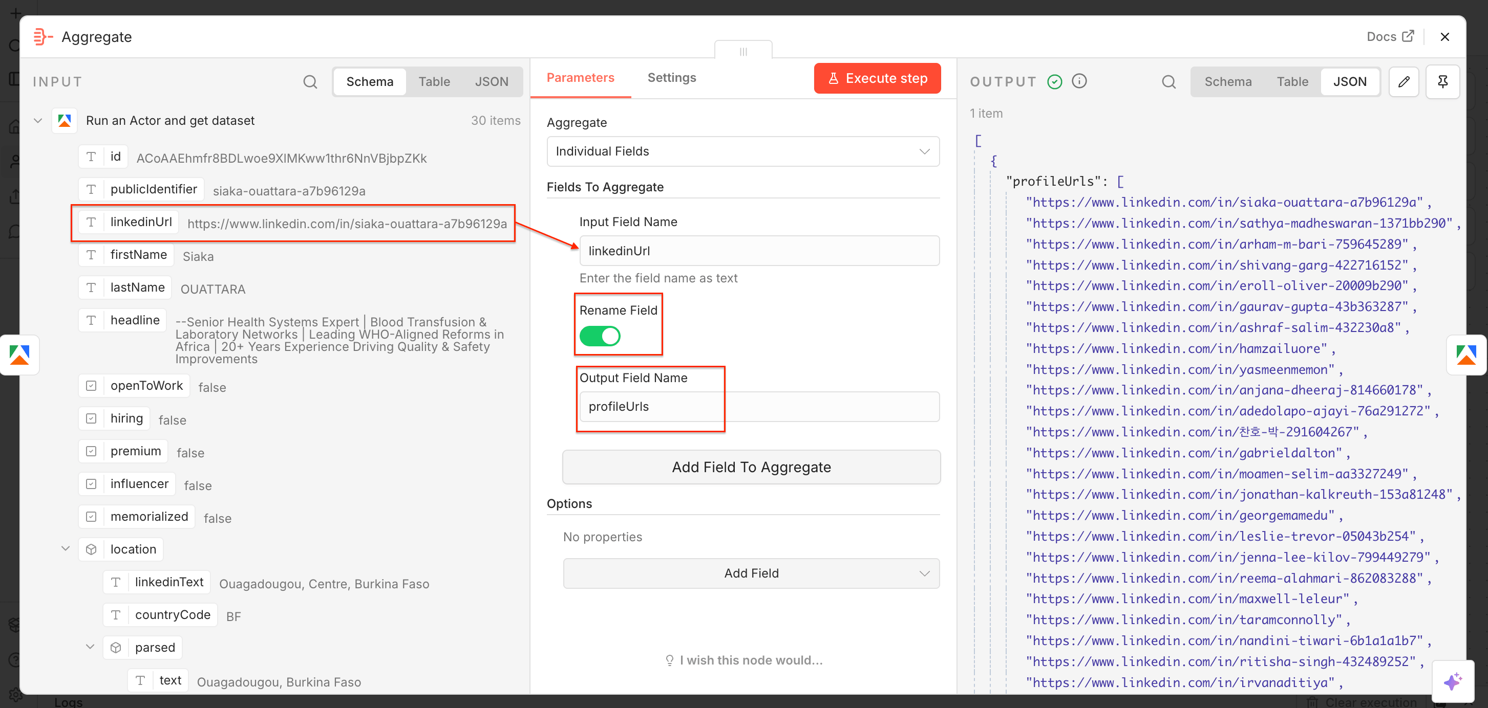 Aggregate node with defined input and output for Apify Actors 