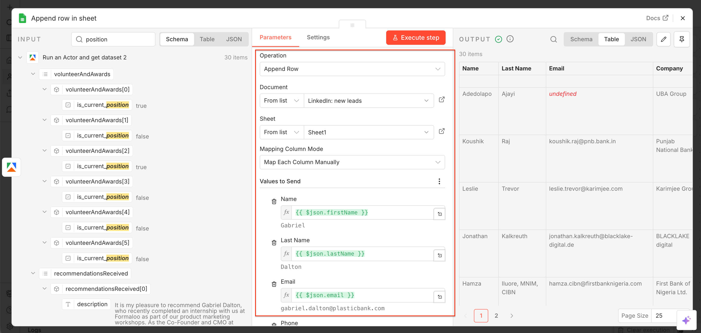 n8n Google Sheets node settings