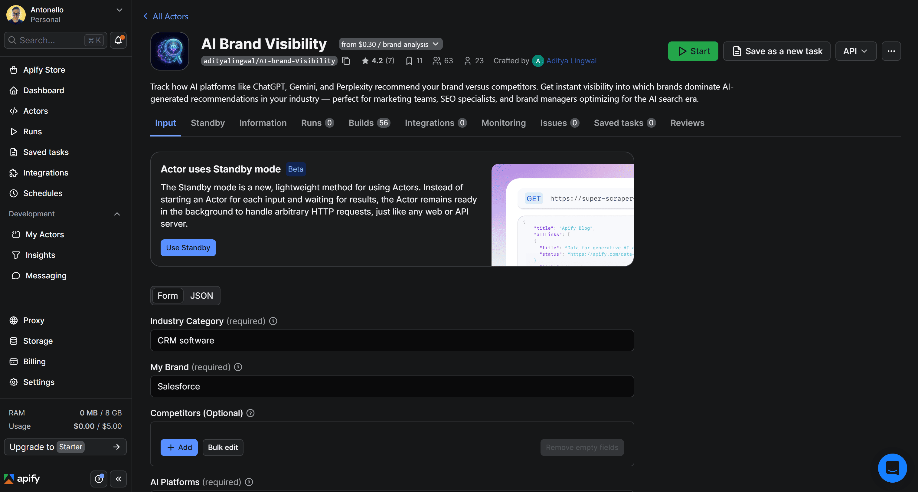 The AI Brand Visibility Actor page in Apify Console