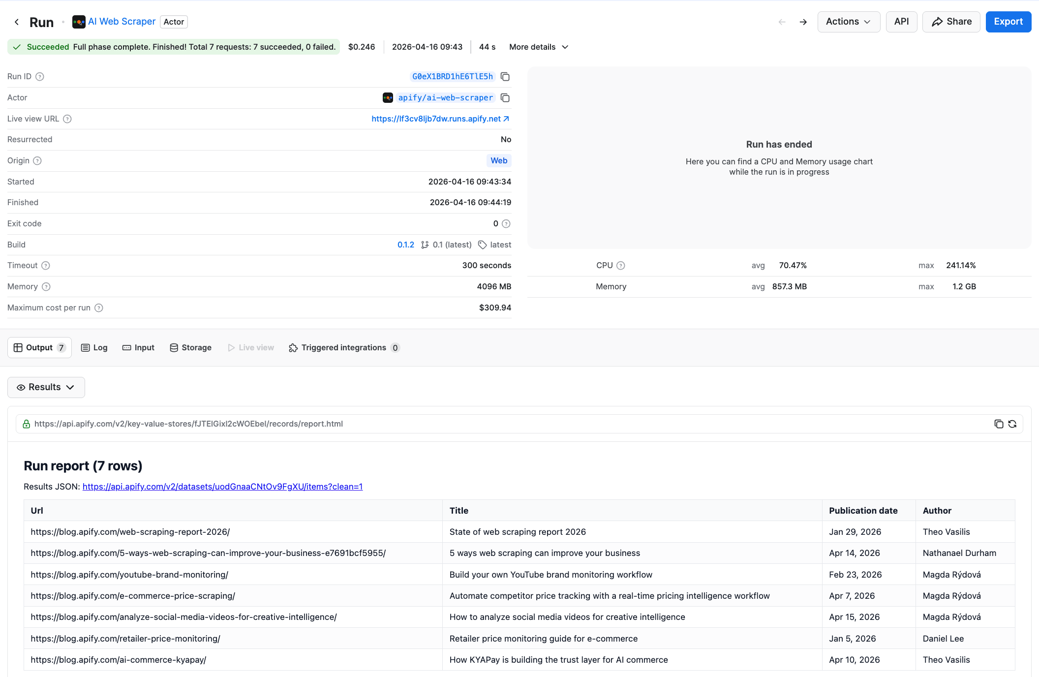 AI Web Scraper output tab
