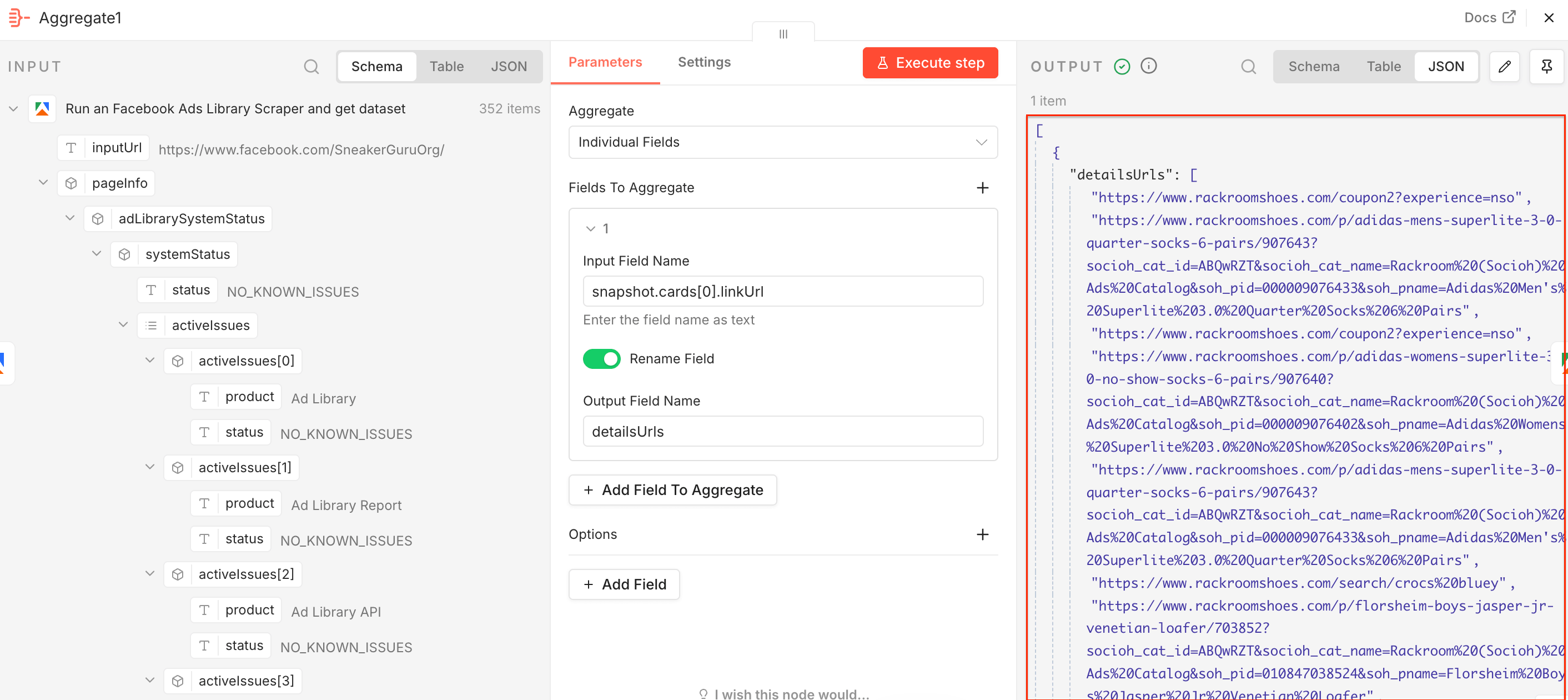 Aggregate node - input for E-commerce Scraping Tool 