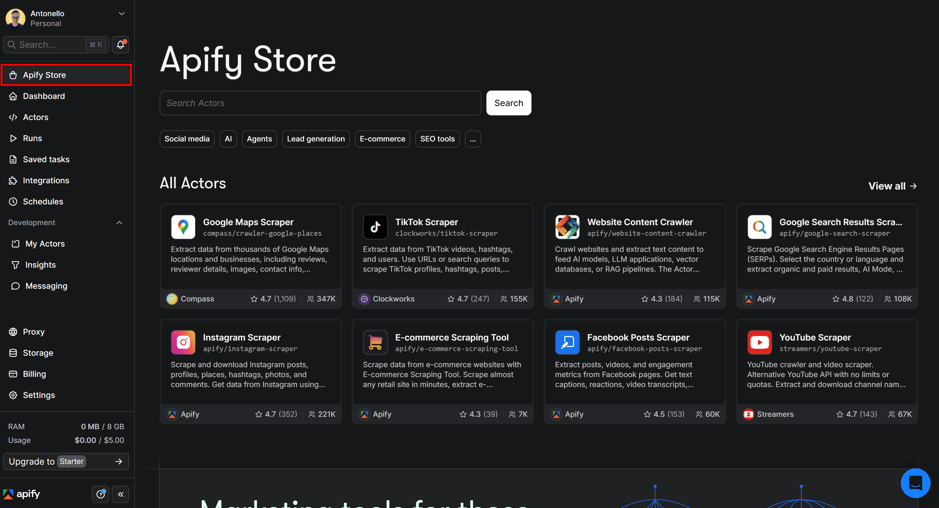 Select Apify Store in Apify Console