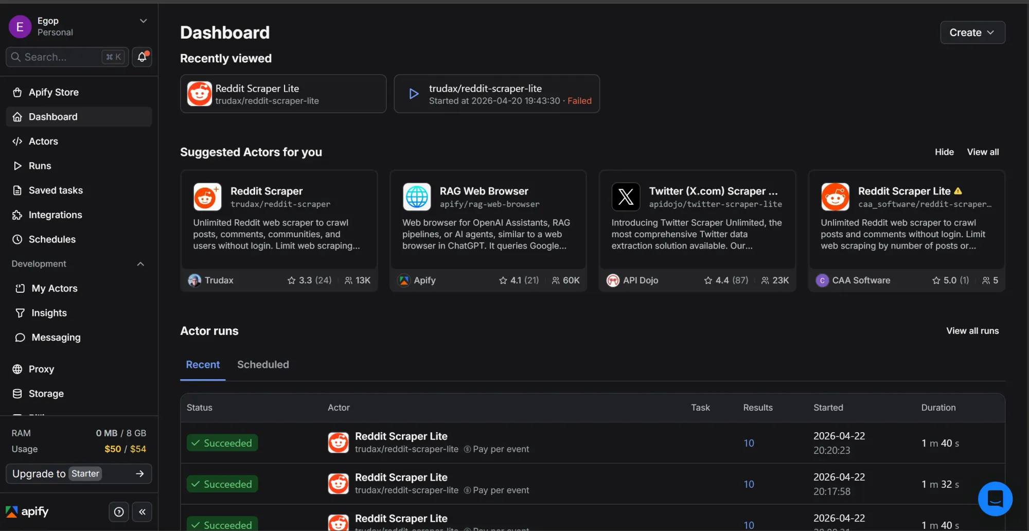 Apify dashboard with Reddit scraper runs