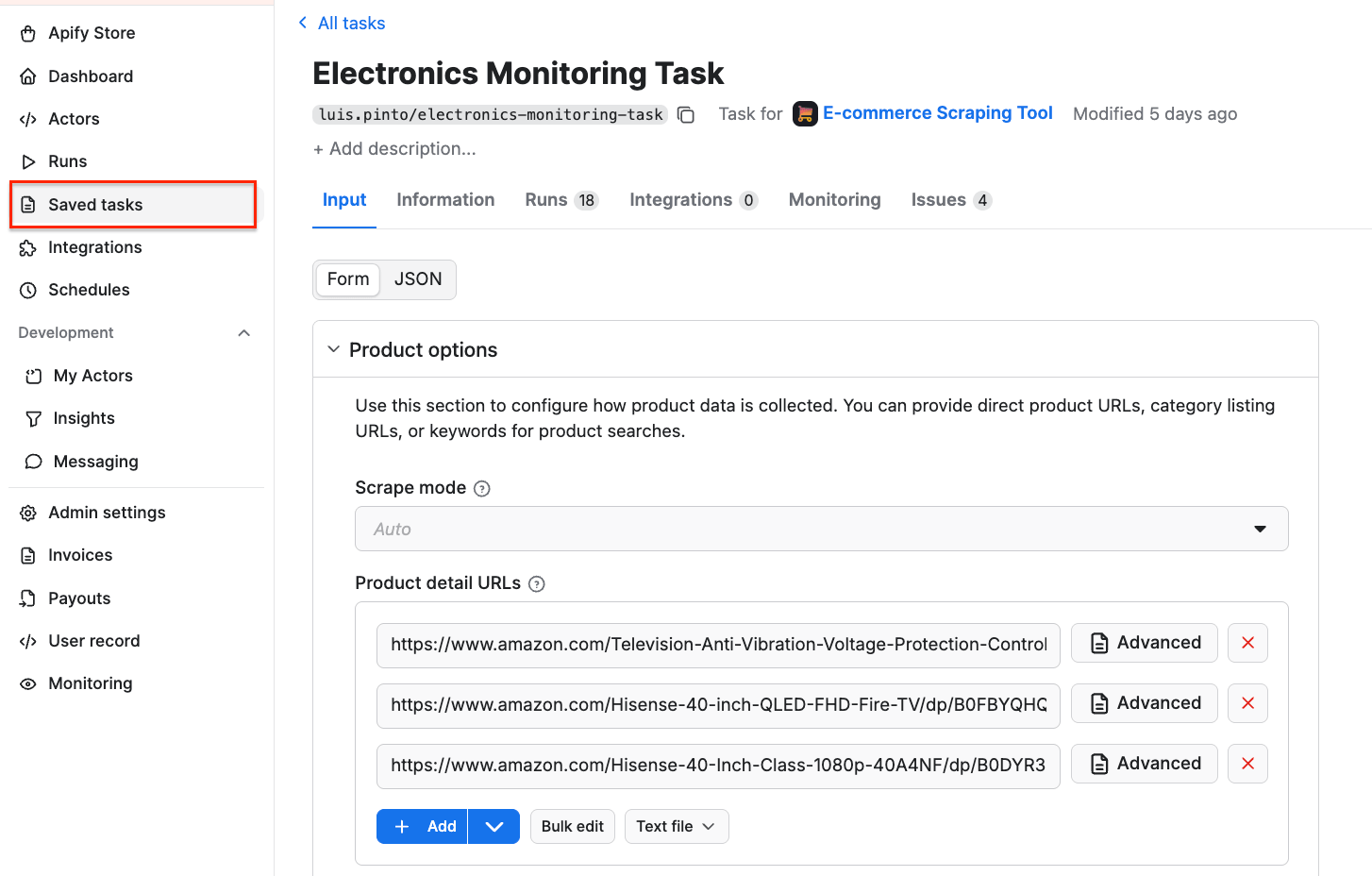 Apify Console - saved tasks 