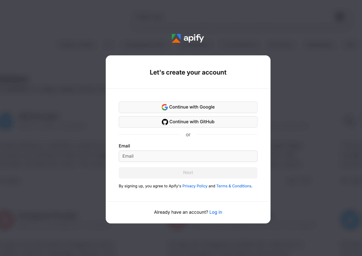 Apify signup page