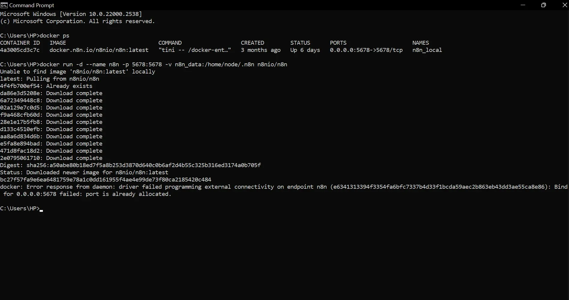 Command prompt showing Docker port already exists