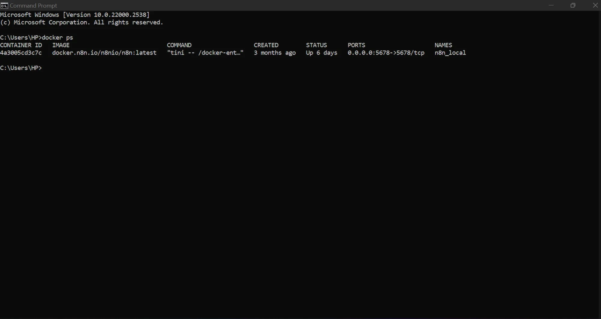 Command prompt showing active n8n Docker container.