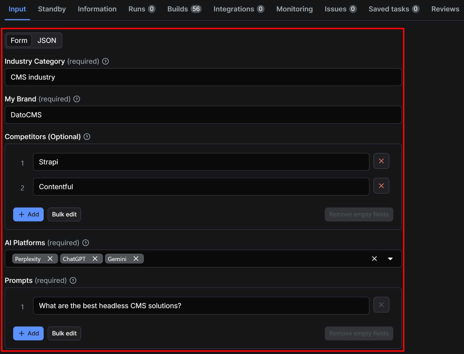 Configuring the inputs for AI Brand Visibility in Apify Console
