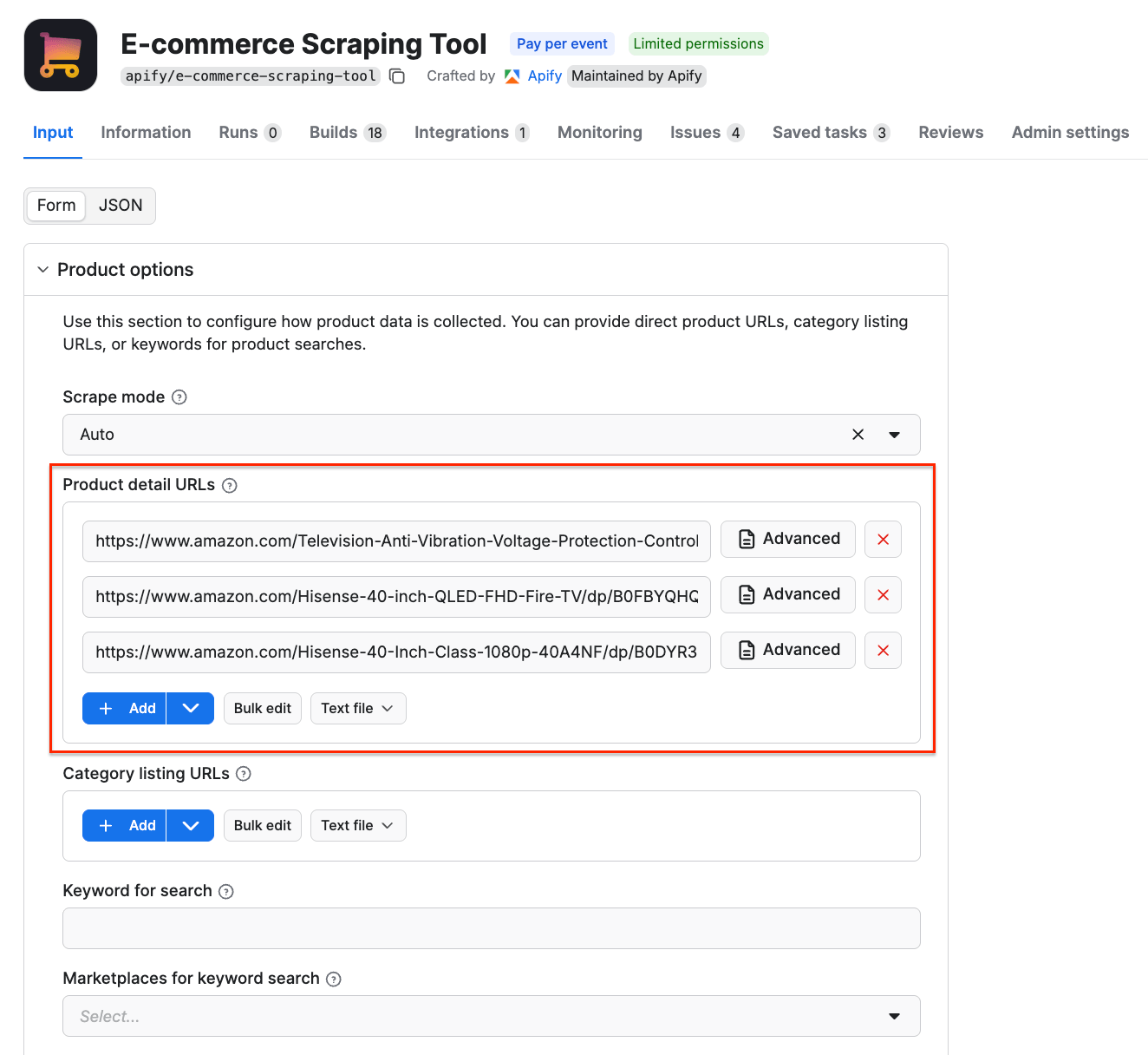 E-commerce Scraping Tool - input