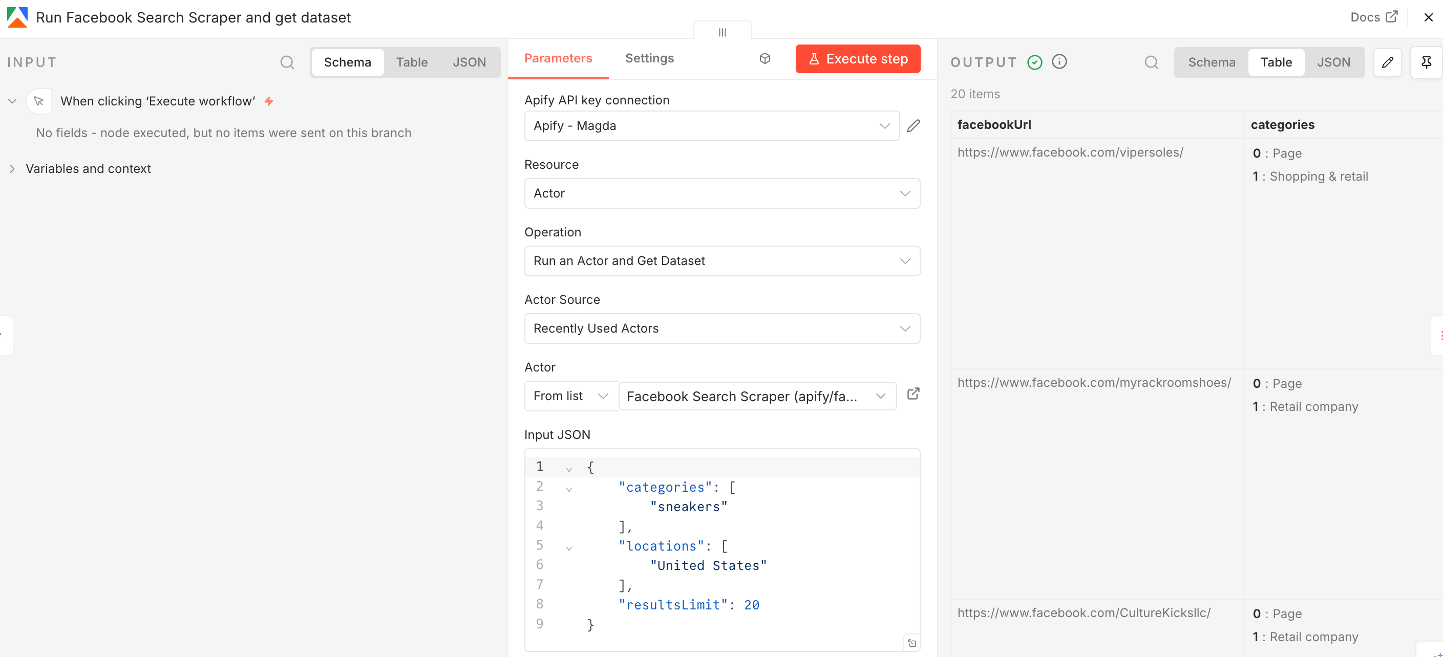Facebook Search Scraper output in n8n