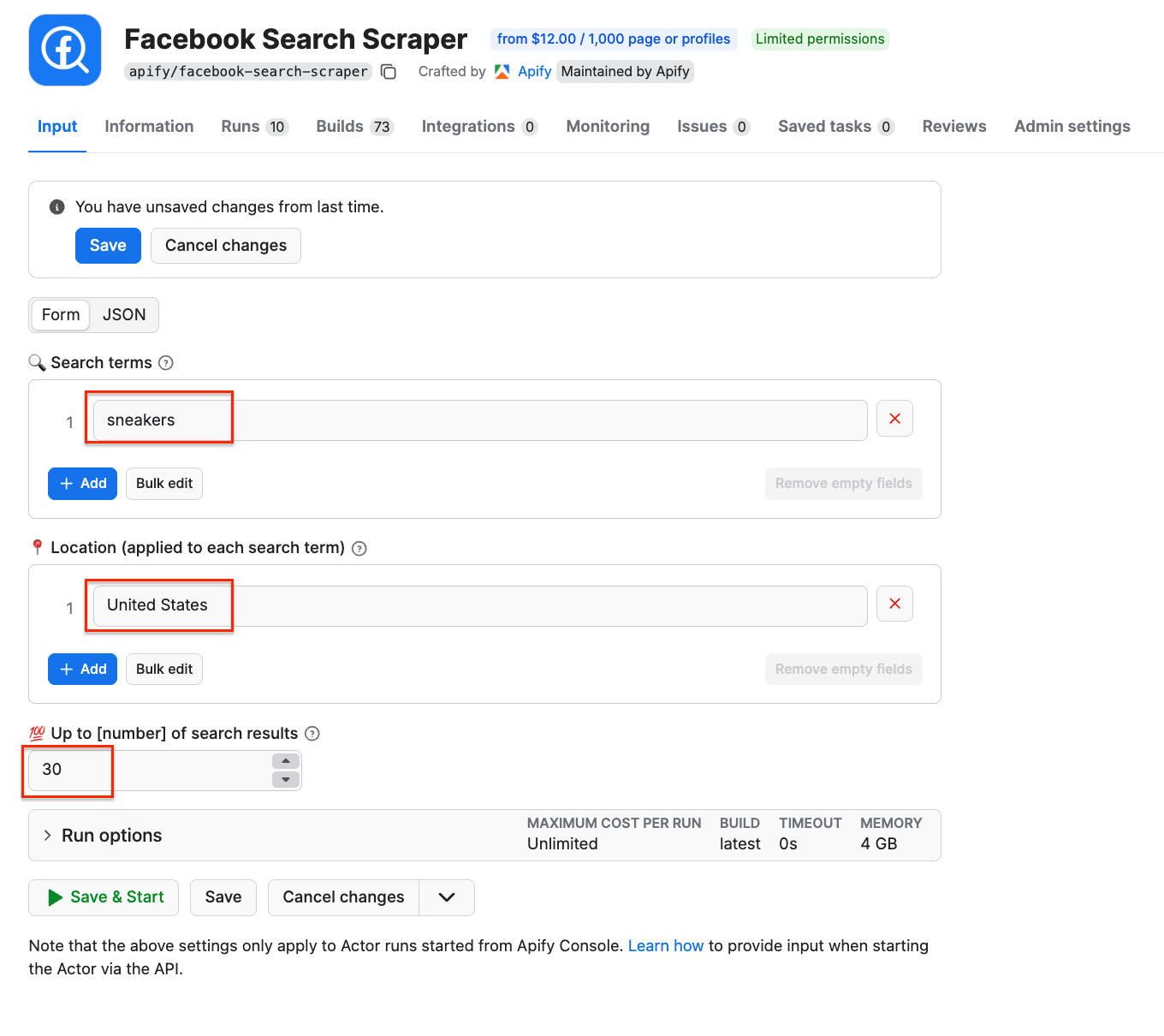 Facebook Search Scraper UI input 