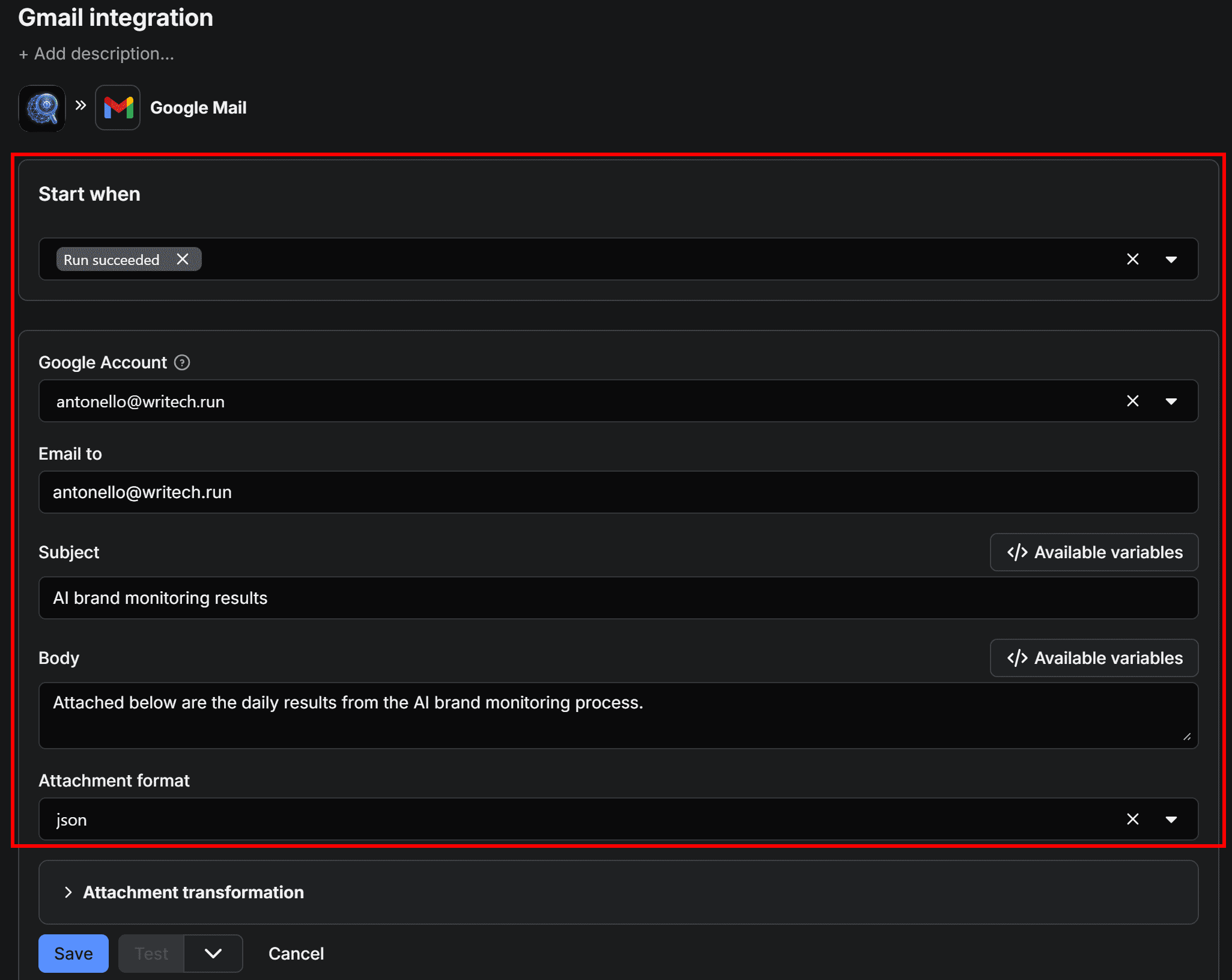 Fill out the form to complete the Gmail integration