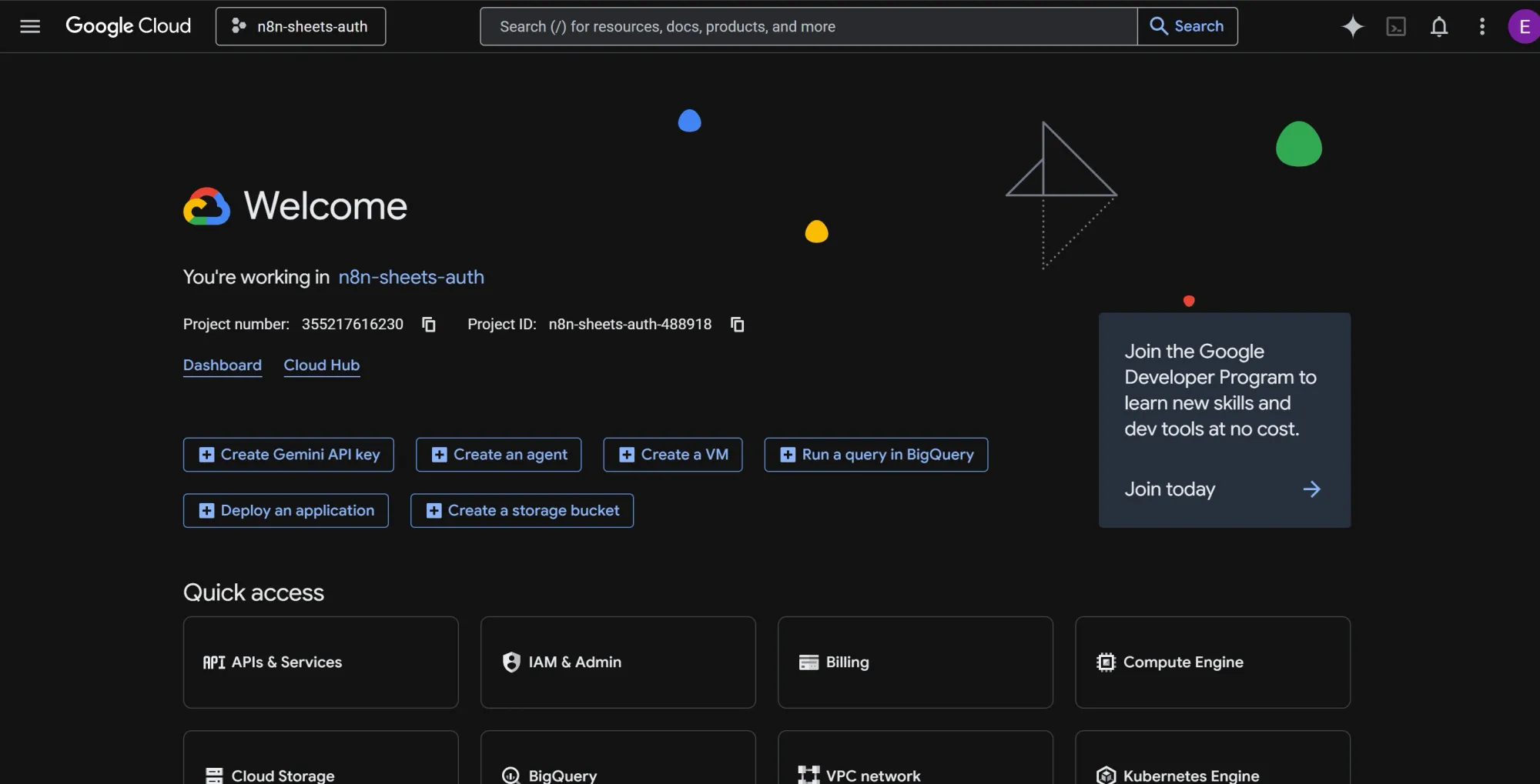 Google Cloud console project dashboard
