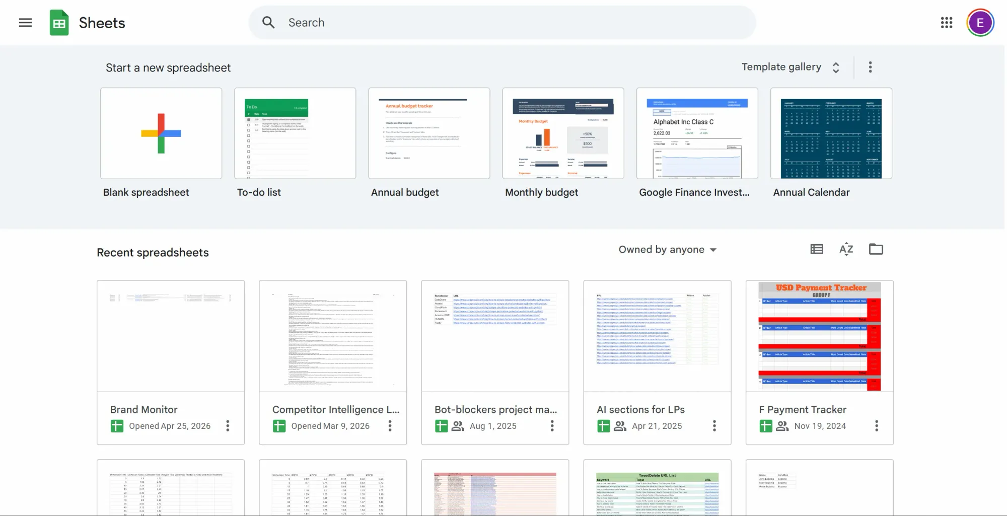 Google Sheets recent files homepage.