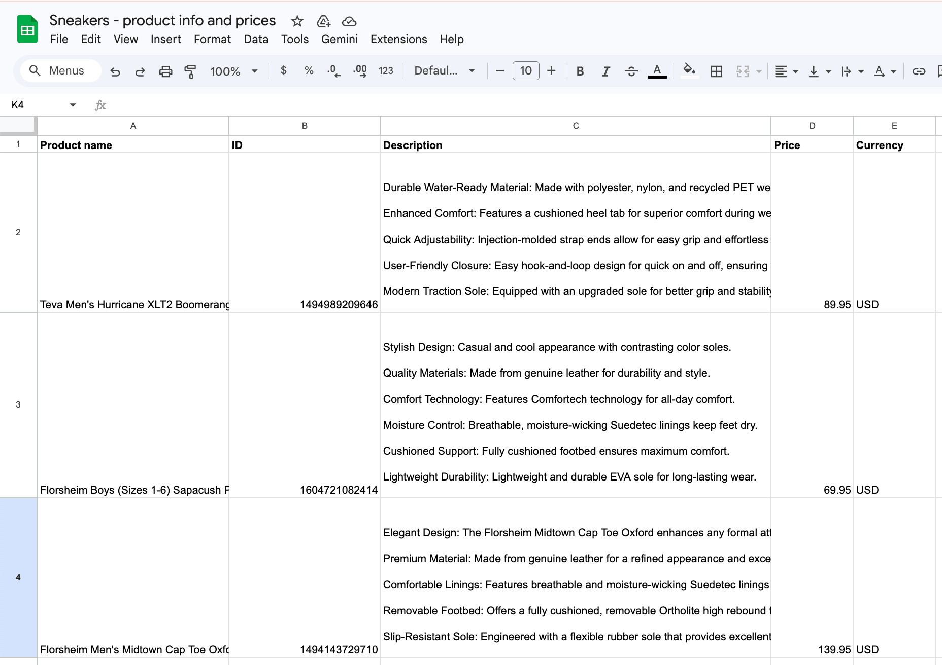 Google Sheets with clean pricing and product data 