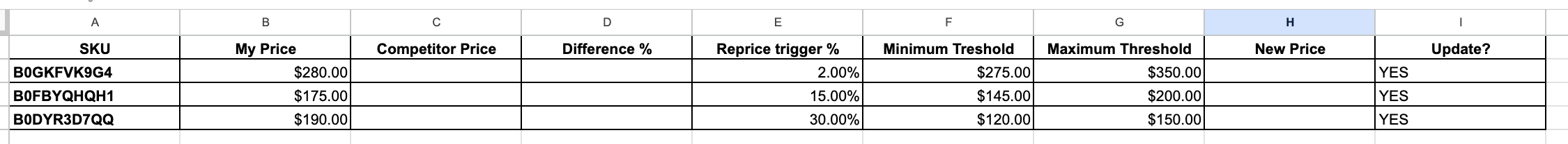 Google Sheets file for pricing data 