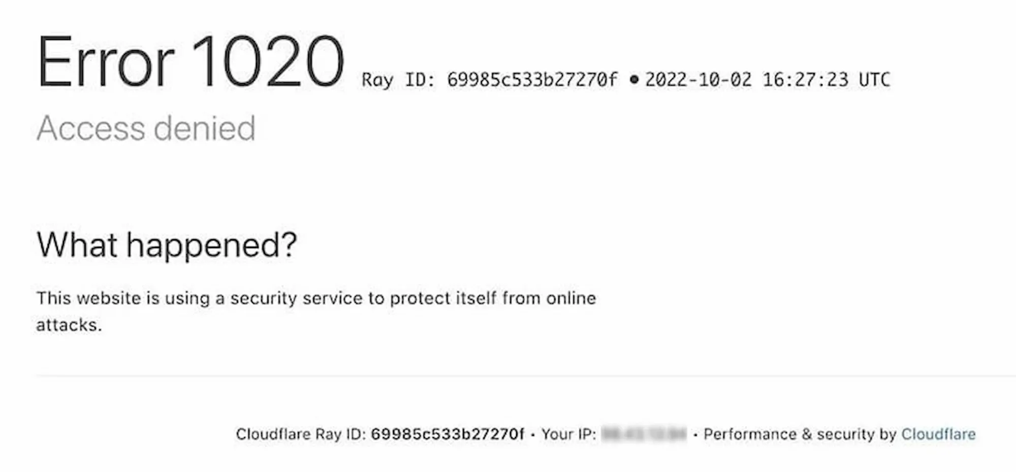 A screenshot of a standard Cloudflare error 1020 showing the security message and Ray ID.