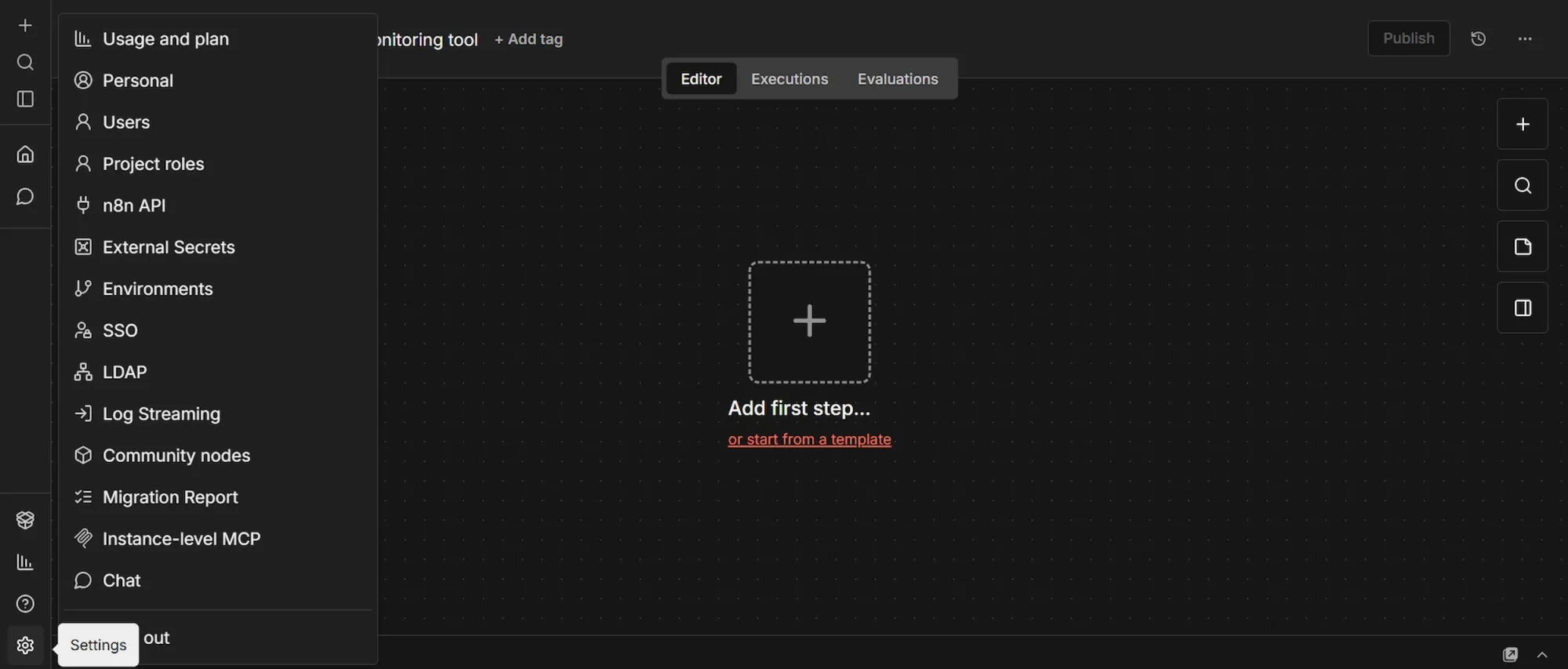 n8n blank canvas and sidebar menu showing "settimgs' and "community nodes" buttons