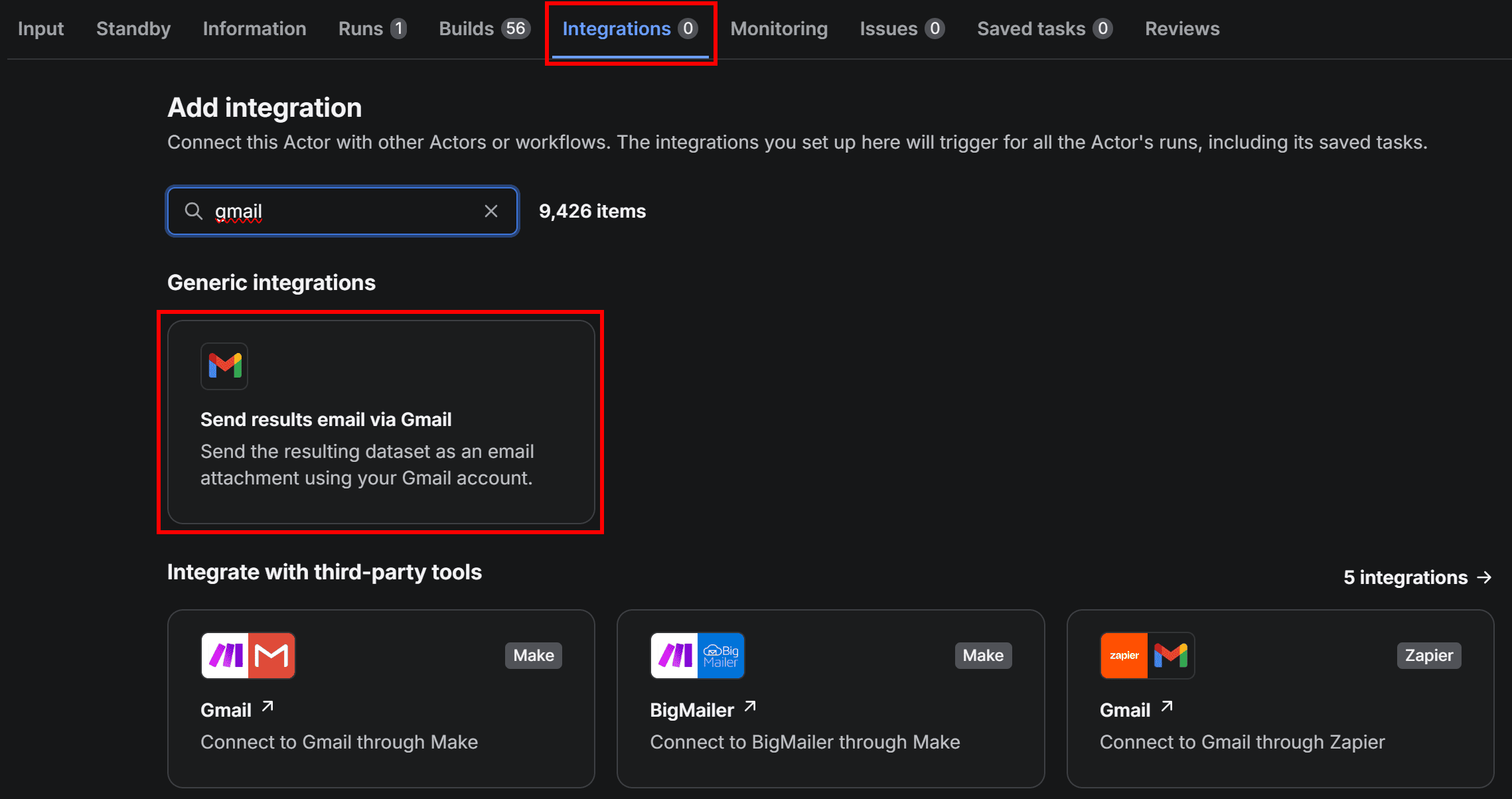 Selecting the Send results via Gmail integration