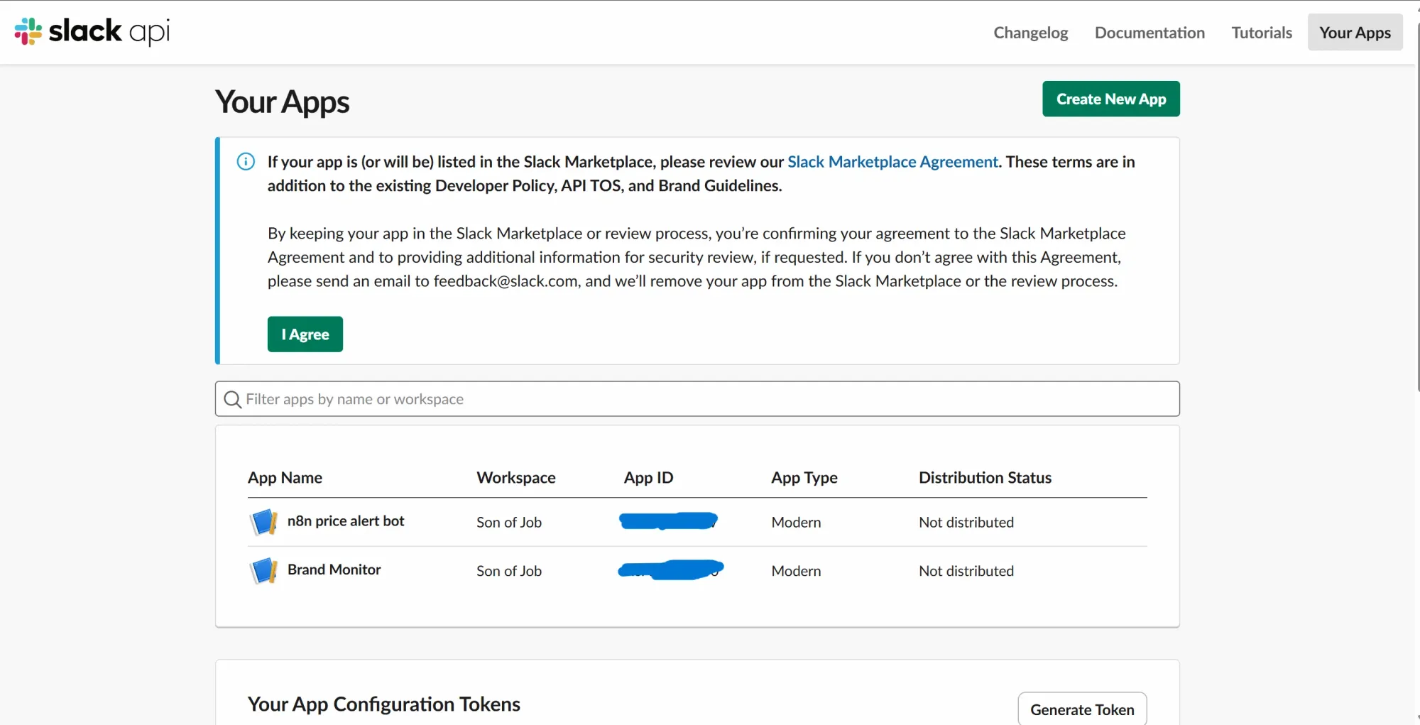 Slack API apps webpage
