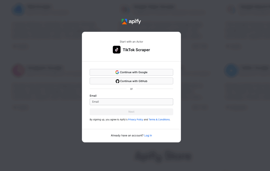 TikTok Scraper sign up page - third party apps included