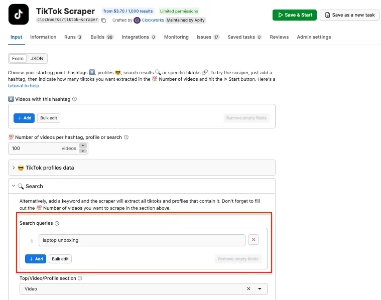 TikTok Scraper input UI