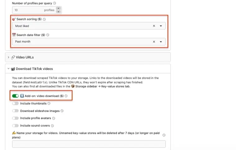 TikTok Scraper sorting and download options