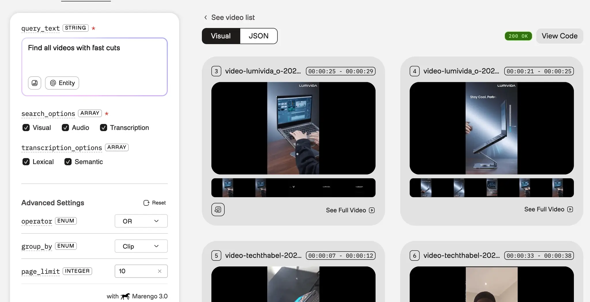 Twelve Labs search function - filtering out videos with fast cuts.