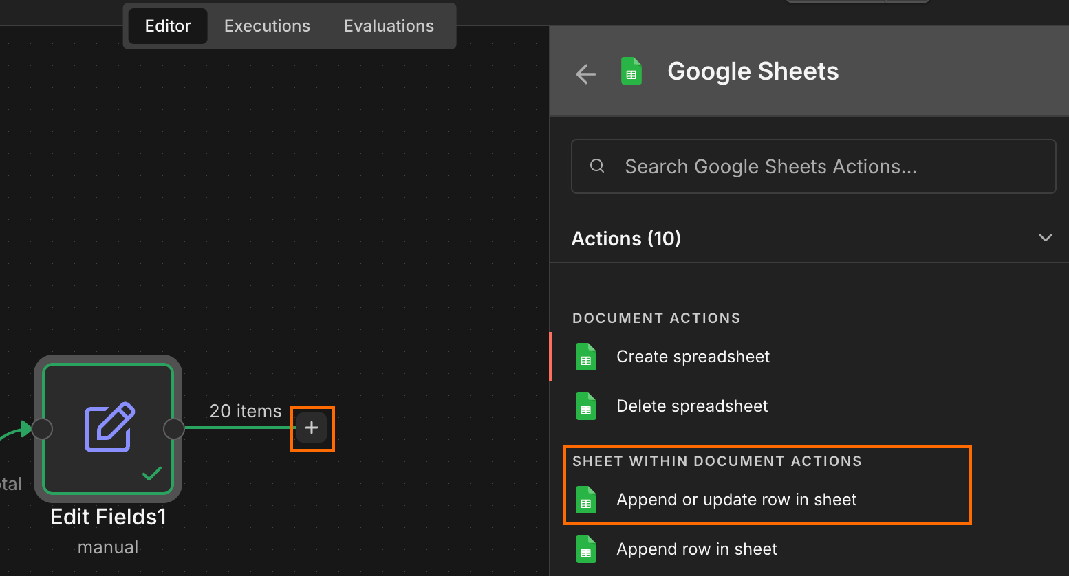 Creating the Google Sheets node