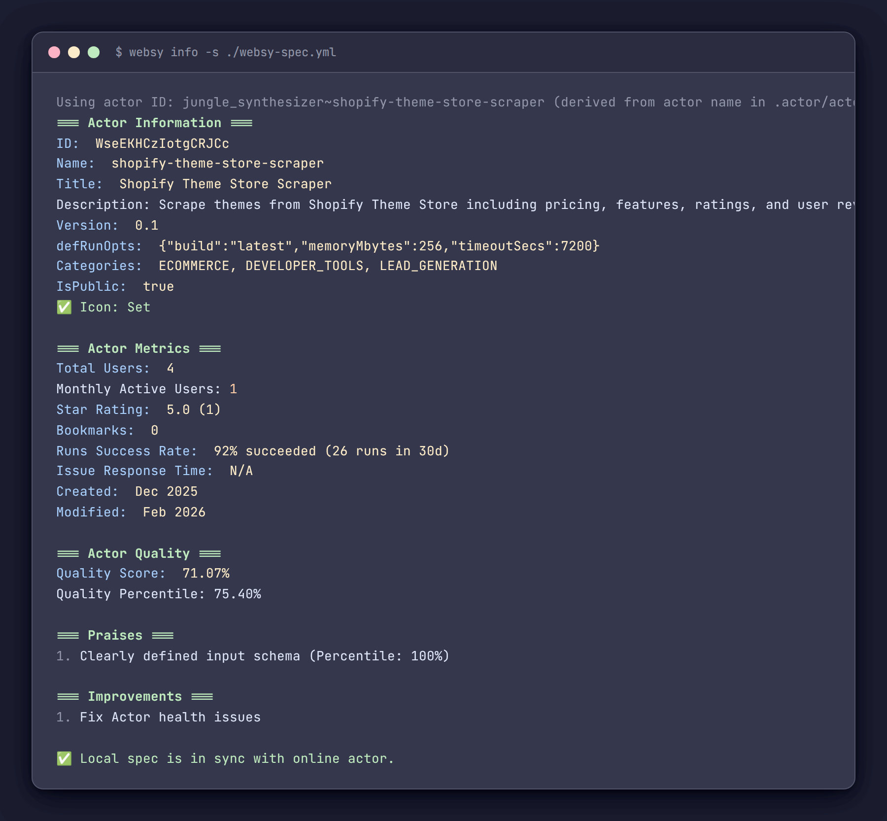 Websy info output